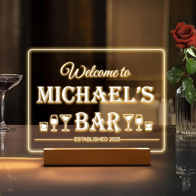 Personalized Bar Gifts for HOME BAR, Custom Name Date Acrylic Light Up Signs - Image 2