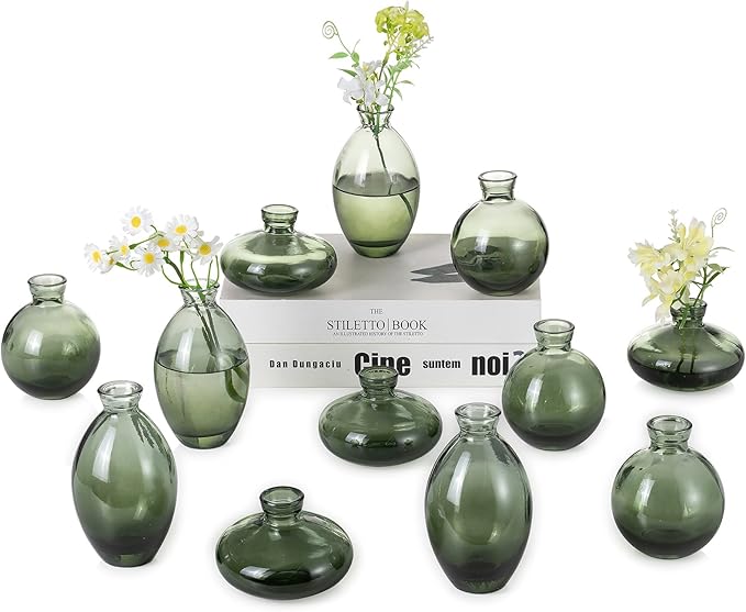 Hewory Glass Bud Vases for Centerpieces: Set of 12 Cute Green Small Vases by Hewory