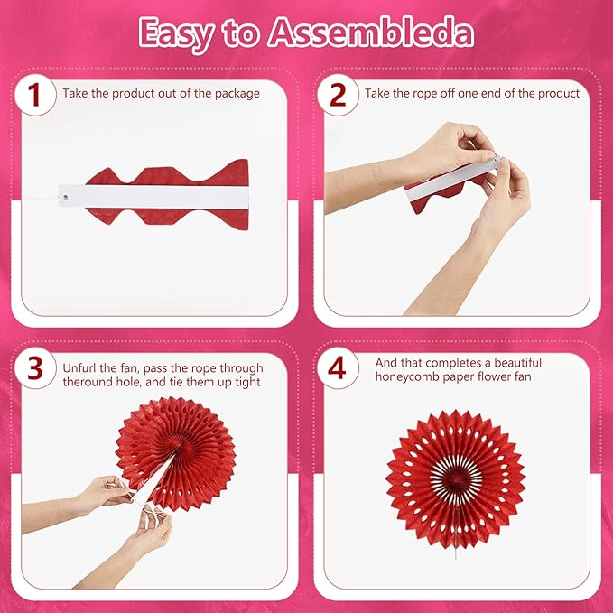20 Pcs Rose Red Hanging Paper Fan, Hanging Honeycomb Round Paper Fans - Image 3