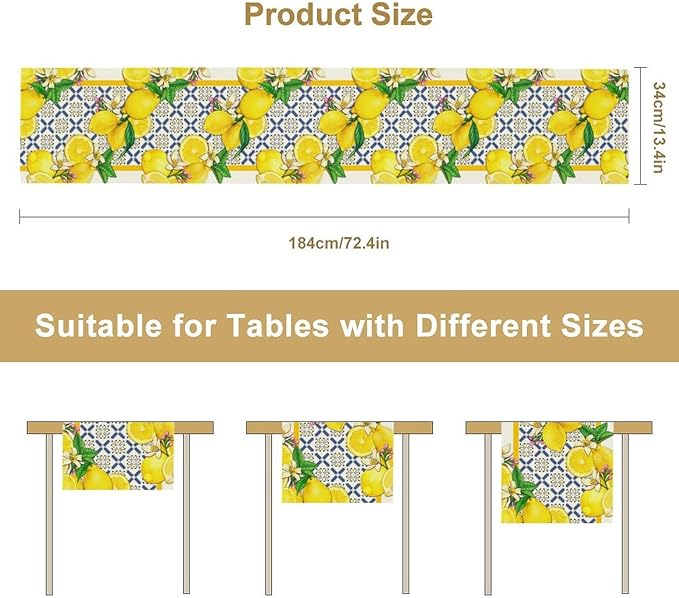 Lemon Table Runner, Spring Summer Seasonal Yellow Blue Table Runner - Image 7