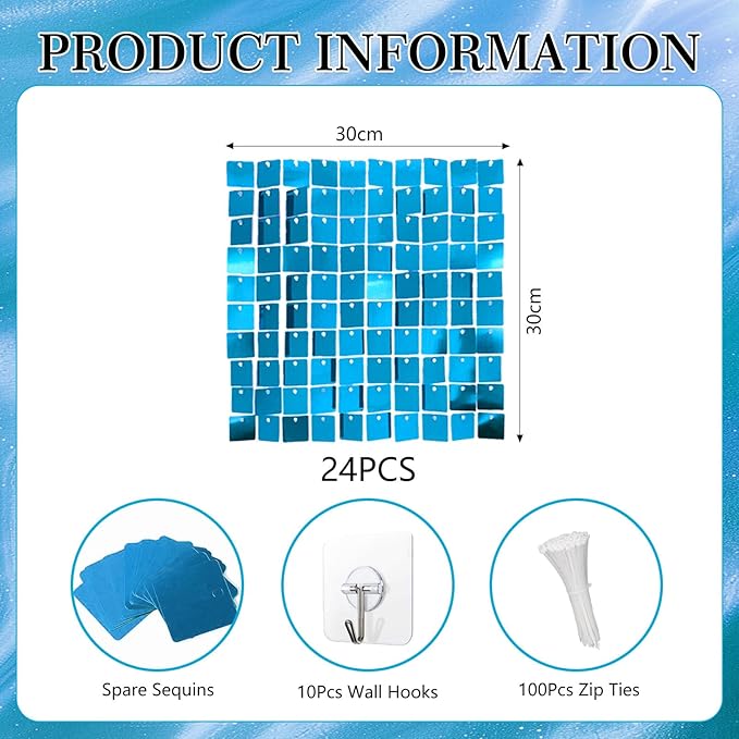 24PCS Lake Blue Shimmer Wall Backdrop, Square Sequin Backdrops Panel, Glitter - Image 2
