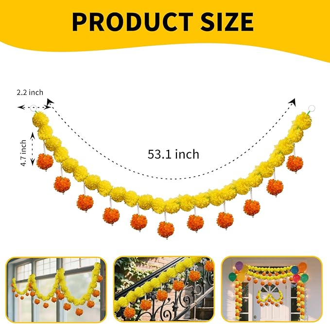 5 Pcs Marigold Garland Diwali Decor Artificial Flowers, 4.5 Feet Artificial - Image 2