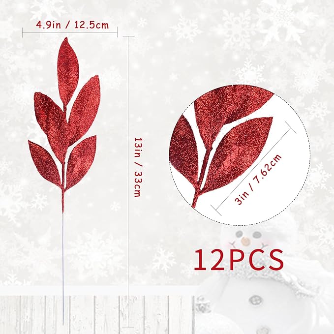 GREENTIME 12 Pack Artificial Red Glitter Leaves 13" Fake Christmas Picks - Image 3