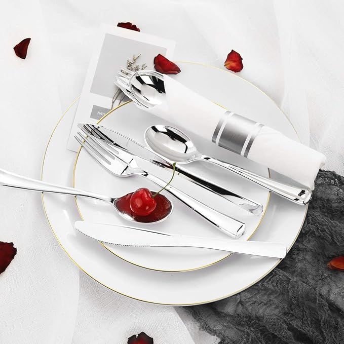 Supernal 60 Pack Silver Plastic Silverware, Pre Rolled Silverware, Premium - Image 8