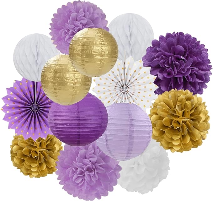 Purple-Gold Party Decorations Streamers Lanterns by OURUOLA