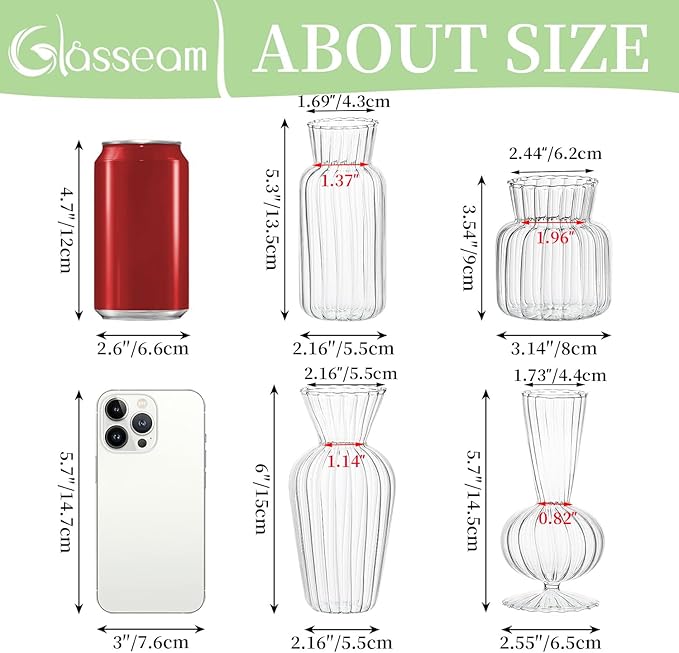 Modern Clear Glass Bud Vase Bulk Set: Glasseam 8Pcs Small Mini Flower - Image 2
