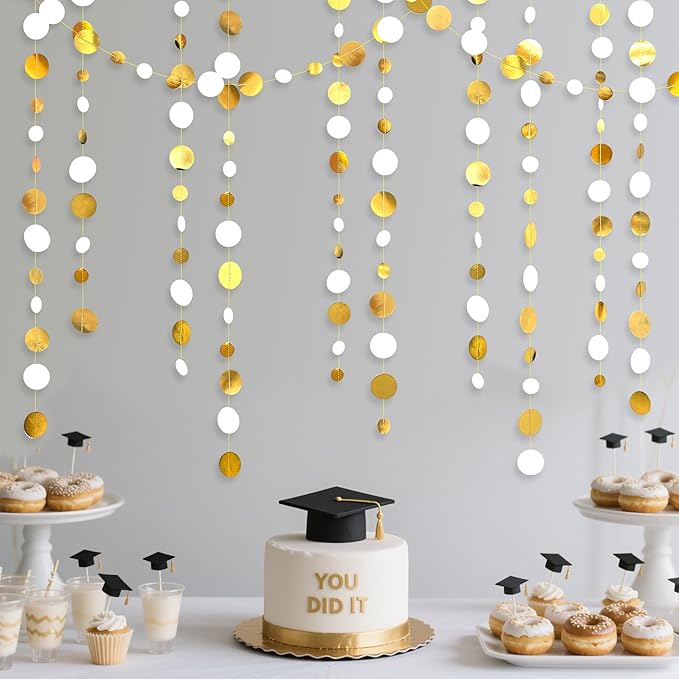 46 Feet White and Gold Circle Dots Garland Hanging Paper Polka Dots Streamer - Image 3