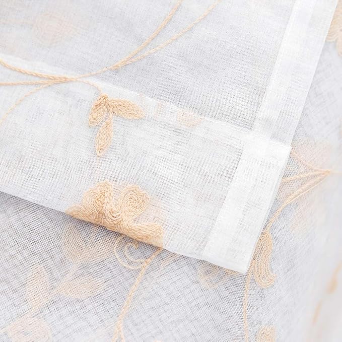 Sheer Curtains Gold 45 Inch Length, Floral Embroidered Rod Pocket Voile Drapes - Image 6