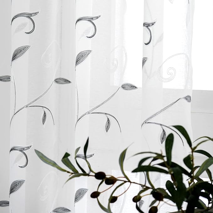 VISIONTEX White Sheer Voile Curtains, Decorative Leaves Embroidery Faux Linen - Image 2