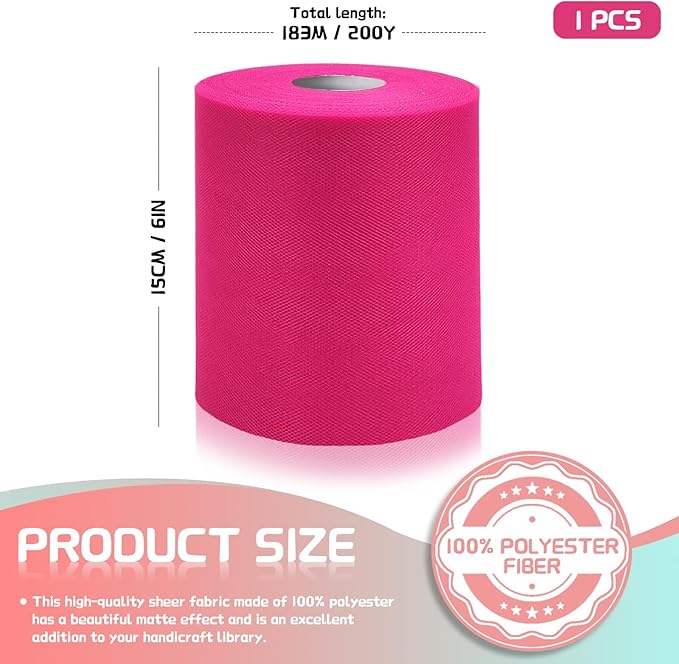 6" x 200 Yards Fuchsia Tulle Fabric Rolls, Hot Pink Spool Tulle Ribbon - Image 2