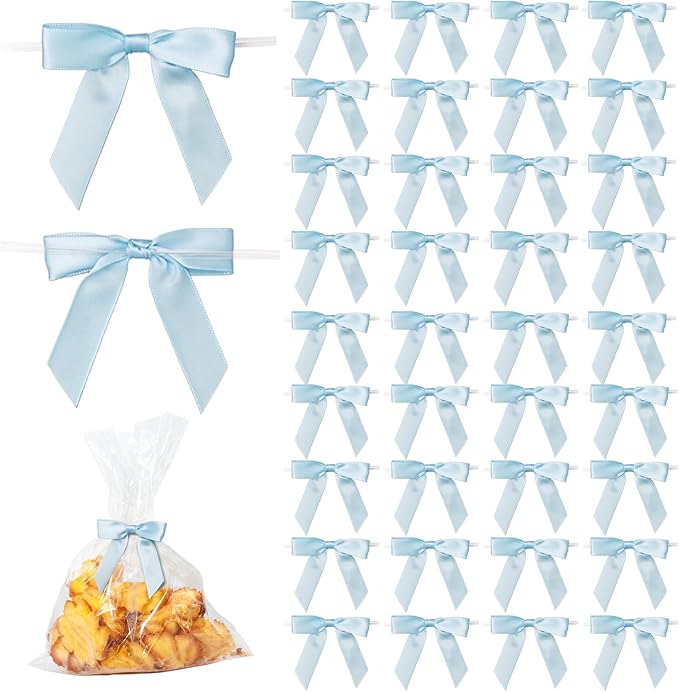 50Pcs Baby Blue Twist Tie Bows for Gift Wrapping 2.5" Satin Ribbon Bow for by TULOBI