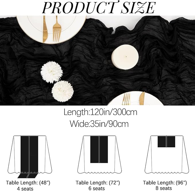 16PCS Black Cheesecloth Table Runner 10FT 35x120Inch Boho Gauze Cloth Long - Image 2