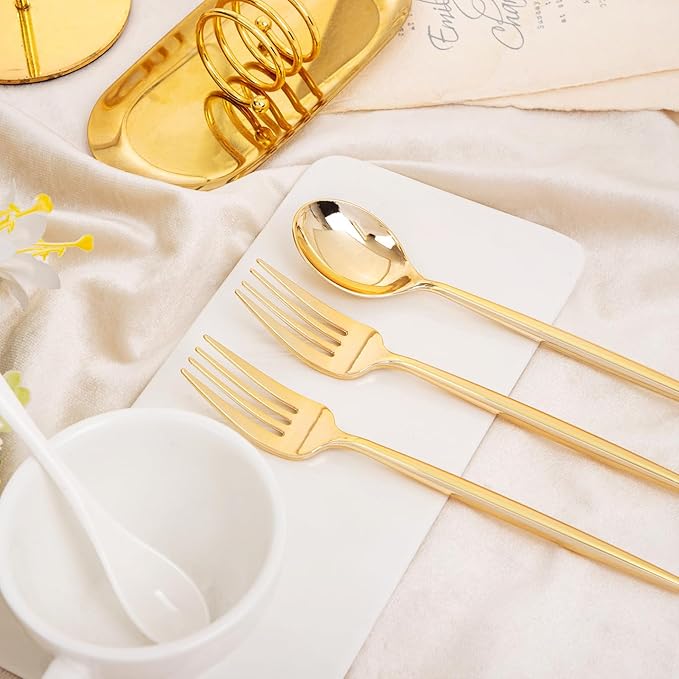 SUT 100PCS Gold Plastic Forks and Spoons Heavy Duty Set, Plastic Flatware - Image 4