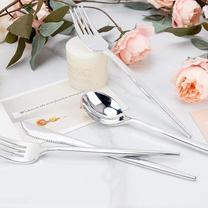 PULOTE 150PCS Silver Plastic Silverware Disposable - Image 3