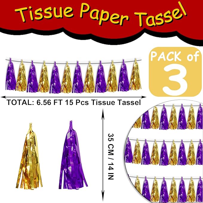 3P Purple Gold Metallic Fringe Tassel Banner Garland Foil Tinsel Streamer Wall - Image 2