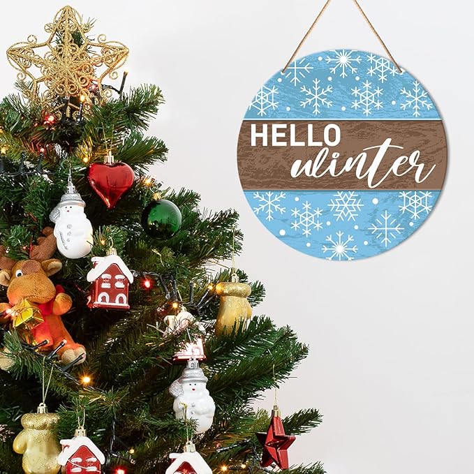 Muktoujaumai Hello Winter Sign Front Door Decor, Christmas Round Hanging Sign - Image 4