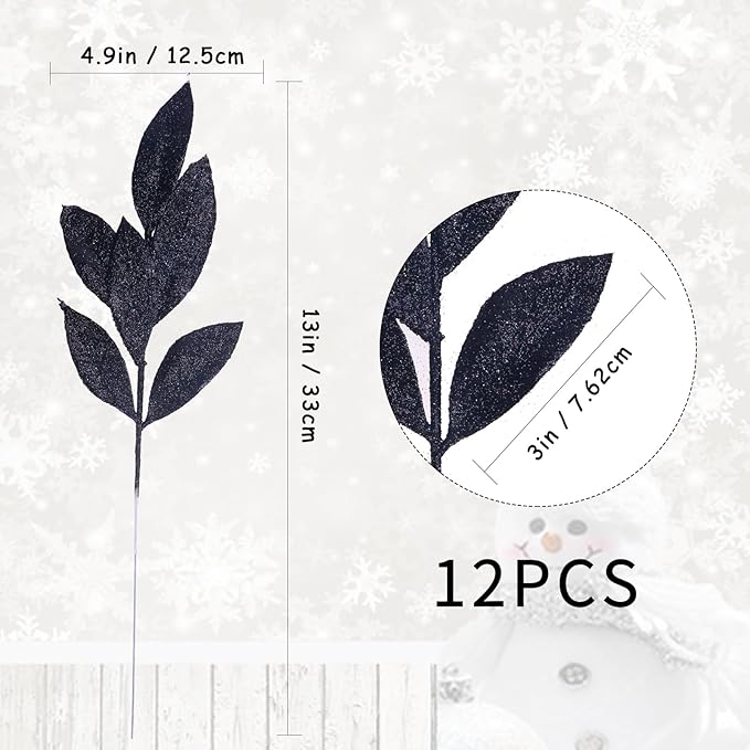 GREENTIME 12 Pack Artificial Black Glitter Leaves 13" Fake Decorative Glitter - Image 3