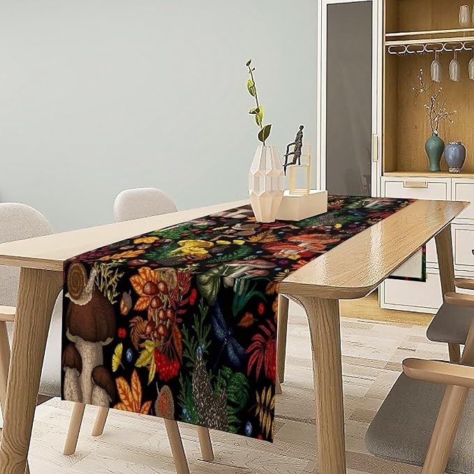 Nature Mushroom Table Runner, Retro Boho Floral Botanical Plant Forest Pattern - Image 6