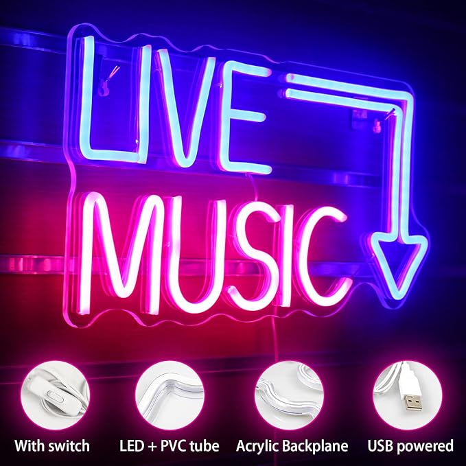 Live Music Neon Sign LED Neon Sign Large Blue and Pink Words - Image 4