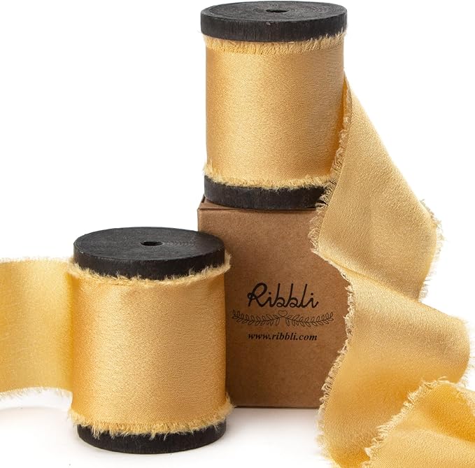 Ribbli Gold Silk Satin Ribbon 1.5 Inch x 12 Yard Handmade Frayed Chiffon Ribbon by Ribbli