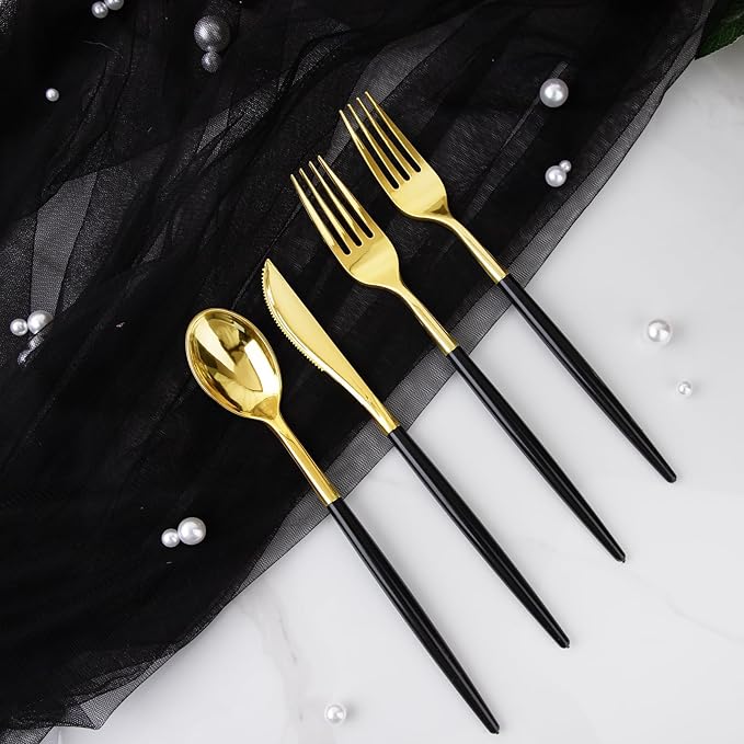 I00000 300Pcs Black Plastic Silverware, Happy New Year Gold Disposable - Image 5