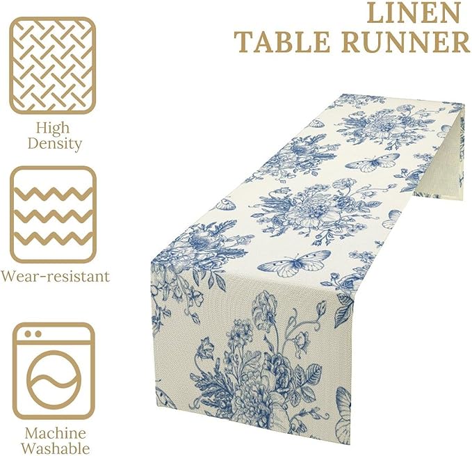 Monochrome Sketch Flowers Table Runner, Seasonal Spring Fall Plants Blue - Image 4