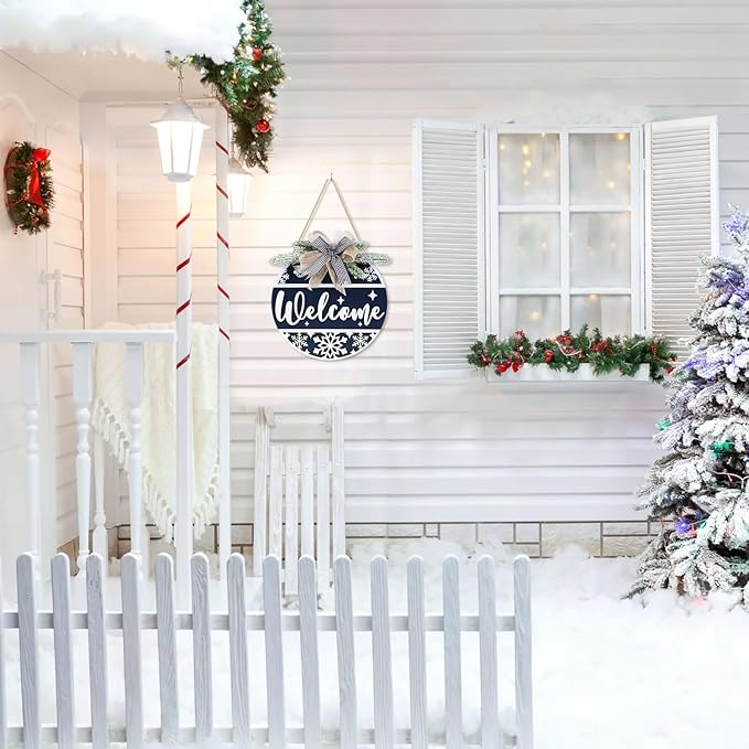 CHDITB Blue Welcome Winter Front Door Sign Wreath, Wooden 3D Welcome Home - Image 5