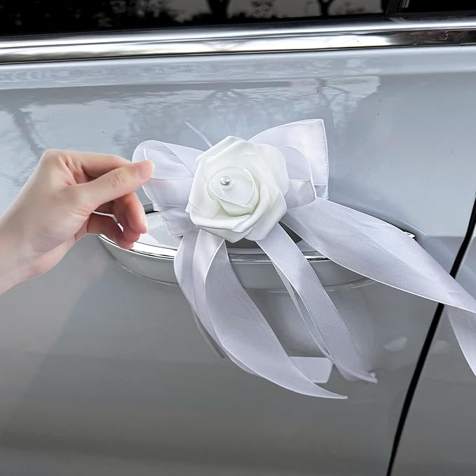 Wedding Car Decoration Flowers, Artificial White Bow Cars Decorative Flower Rose - Image 6