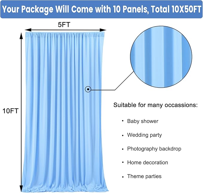 50 ft x 10 ft Wrinkle Free Blue Backdrop Curtain Panels, Polyester Photography - Image 4