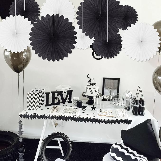 20 Pcs Black White Hanging Paper Fan, Round Paper Fans Decorations Set - Image 6