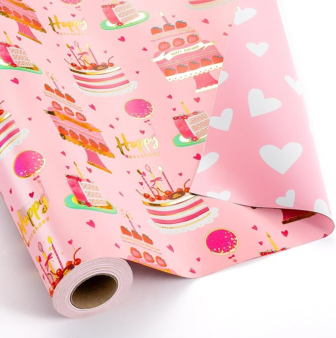 Yarcony Girls Birthday Wrapping Paper Roll, Metallic Foil Pink Cartoon-Style - Image 8