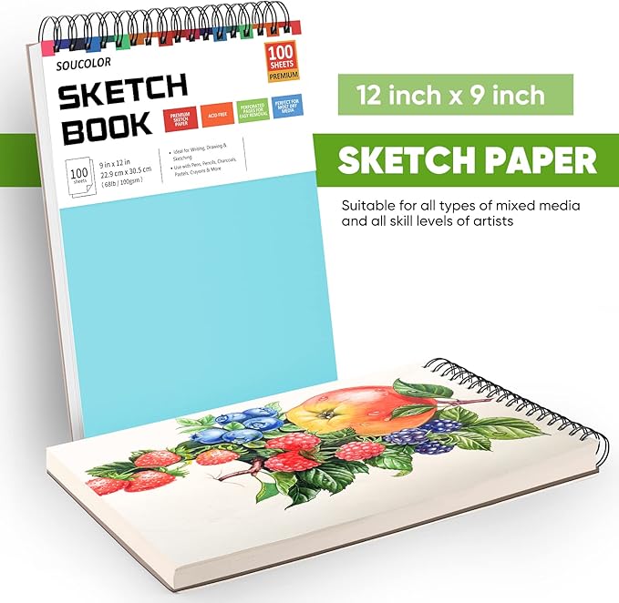 Soucolor 9" x 12" Spiral Bound Blank Sketch Notebook Journal Book- 1-Pack 100 - Image 6