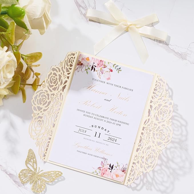 50PCS Gold Glitter Laser Cut Wedding Invitation - Image 6