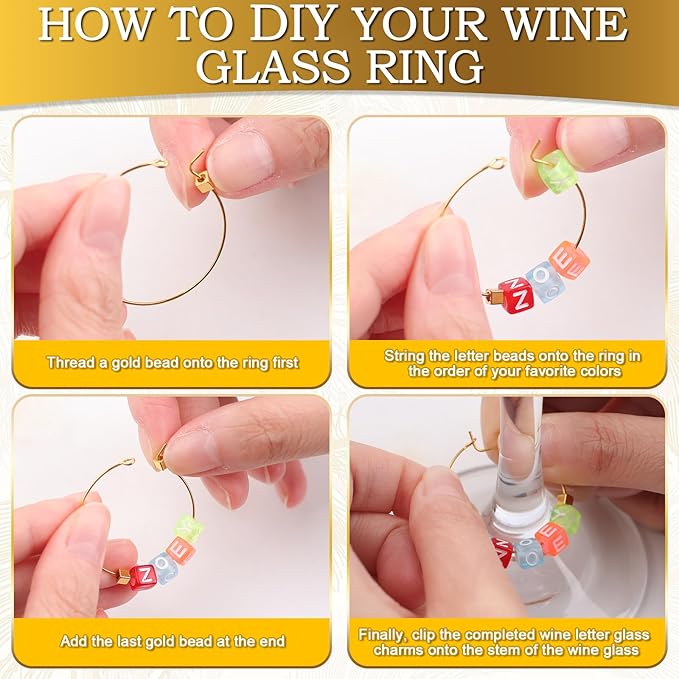 60 Sets DIY Wine Glass Charms – 780 Letter Beads 120 Gold Beads 60 Charm Rings - Image 3