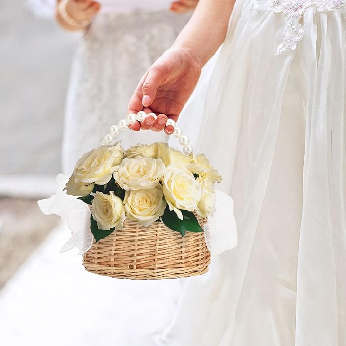 Wicker Rattan Flower Girl Basket Rustic Wedding Flower Girl Basket - Image 2