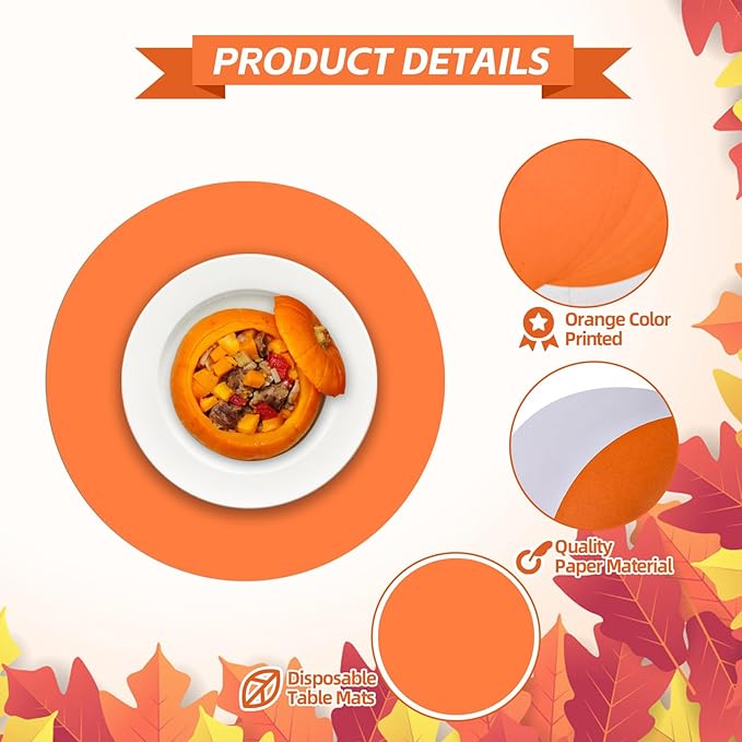 50 Pieces Orange Paper Place Mats Fall Pumpkin Spice Color Round Disposable - Image 4