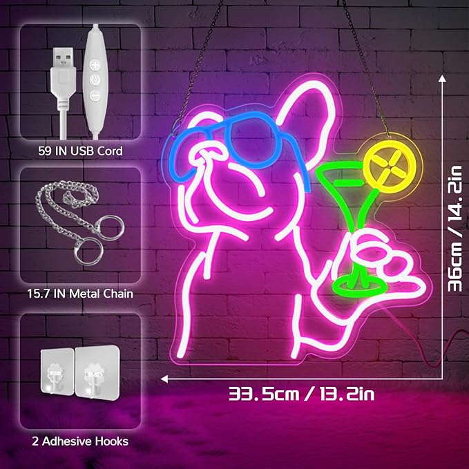 French Bulldog Drinking Cocktail Neon Sign, Bulldog Cocktail Bar Led Neon Signs - Image 3