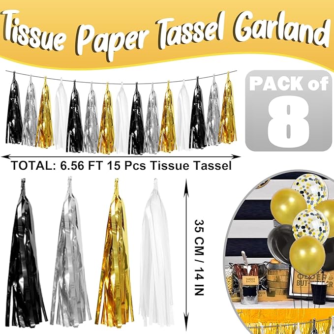 8P Black Gold Silver Foil Fringe Metallic Tassel Garland, Tassels Banner - Image 2
