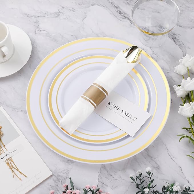 BESTVIP 350PCS Gold Plastic Dinnerware Set, Disposable Party Plates - Image 6