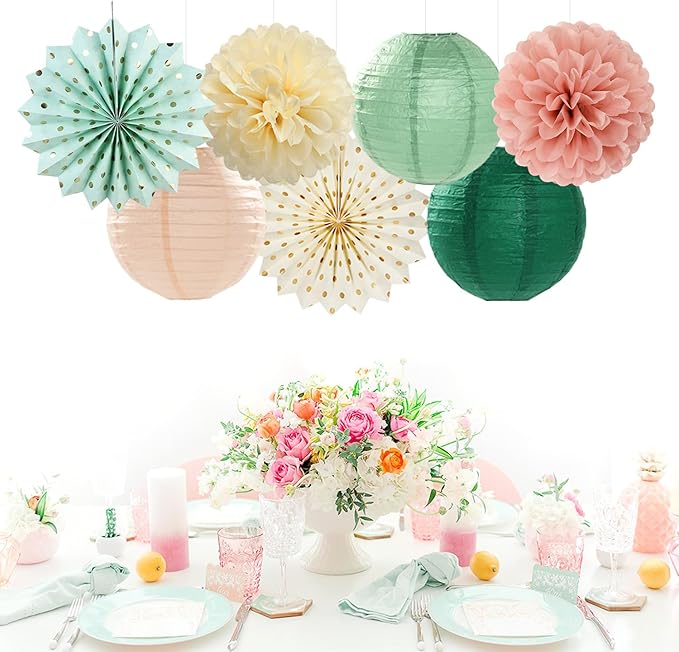 Sage-Green Pink Party-Decorations Paper-Flowers Lanterns - Image 2