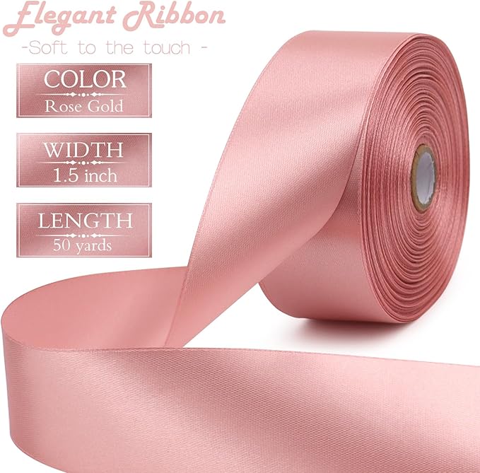 Rose Gold Solid Satin Ribbon 1-1/2 Inch 50 Yards Solid Polyester Fabric Ribbon - Image 2