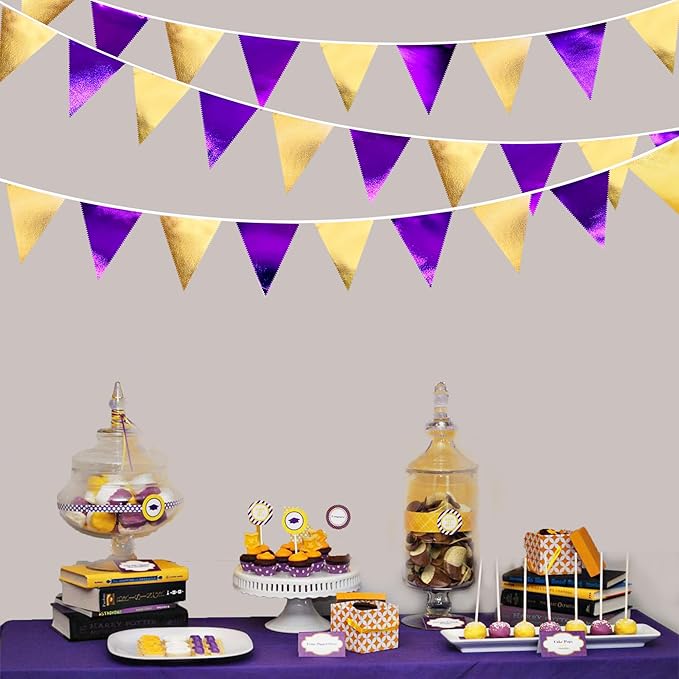 Purple and Gold Party Decorations Metallic Fabric Triangle Pennant Banner Flag - Image 7