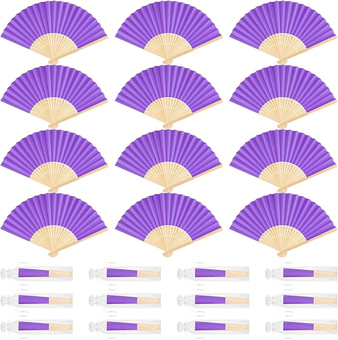 12 Pieces Purple Hand Held Bamboo Folding Fans Paper Fans Handheld by Bringsparkletoeverydaylife
