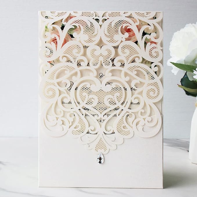 Hosmsua 50PCS White Wedding Invitations Kit 5 x 7.3 Inch Laser Cut Hollow Rose - Image 3