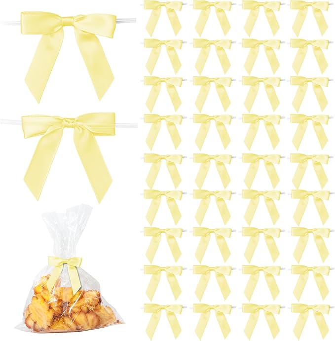50Pcs Yellow Twist Tie Bows for Gift Wrapping 2.5" Satin Ribbon Bow for Treat by TULOBI