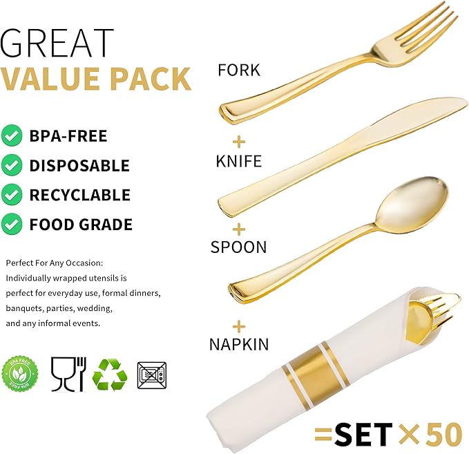 50 Pack Pre Rolled Gold Plastic Silverware Set - Image 3