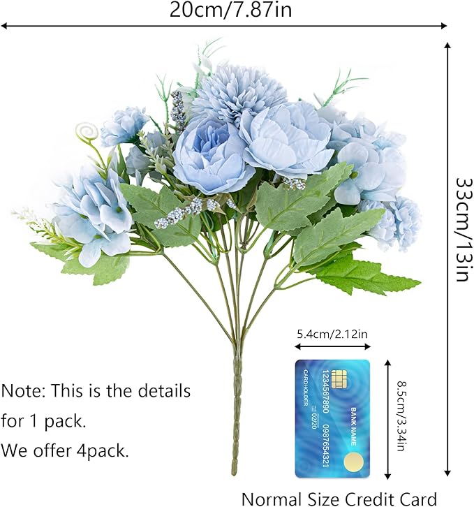 Artificial Flowers, 4 Packs Blue Fake Peony Silk Hydrangea Bouquet Decor - Image 2