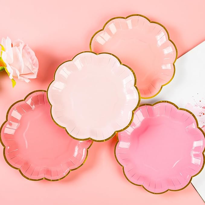 Pink Party Plates Gradient Pink Dessert Paper Plates 7inch Gold Foil Scalloped - Image 3
