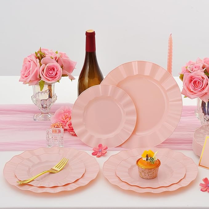 60Pcs Premium Pink Plastic Plates, Fancy Nice Disposable Plate, Elegant Wedding by ISFANGCO