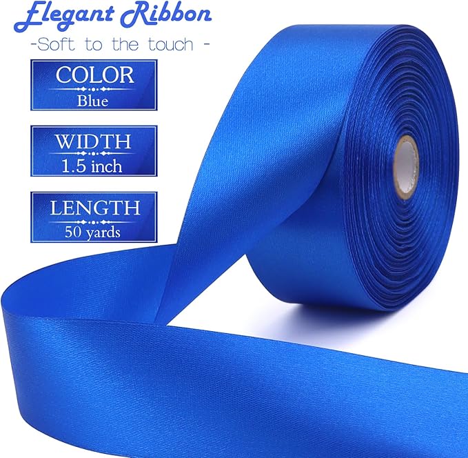 Blue Solid Satin Ribbon 1-1/2 Inch 50 Yards Solid Polyester Fabric Ribbon - Image 2